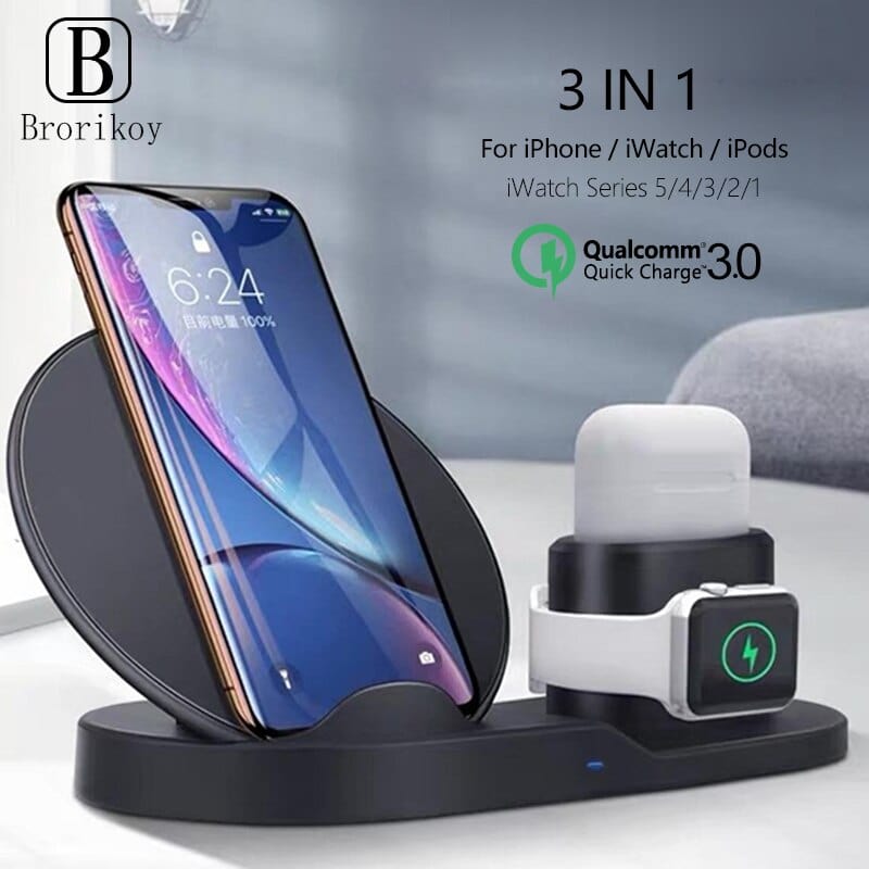 The wireless charger can charge for mobile phone, apple watch and Airpods. It's suitable for Apple AirPods 1/2/AirPods Pro/Xiaomi Airdots Youth Edition headphones, some TWS Bluetooth headsets and Apple Watch Series 5/4/3/2/1. Support for hybrid charging between Apple and Android.(Note: When charging the phone, earphone, watch together, must use a 12V/2A or 9V/2.7A adapter. Adapter is include,it as a gift for you.Original watch cord not included)